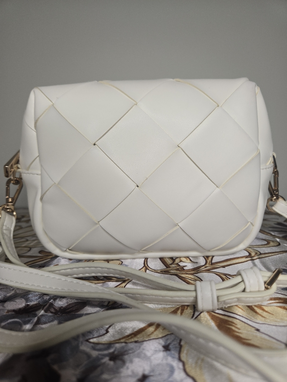 A New Day White Woven Crossbody Bag Gold Hardware Mini Camera Bag